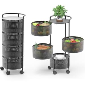 Rotating Kitchen Storage Rack No Assembly, 4-Tier Metal Storage Tower Basket Shelves Organizer on Rolling Wheels with Removal Drawers for Fruit Vegetable Grocery Corns Potato Onion (4-Tier, Black)