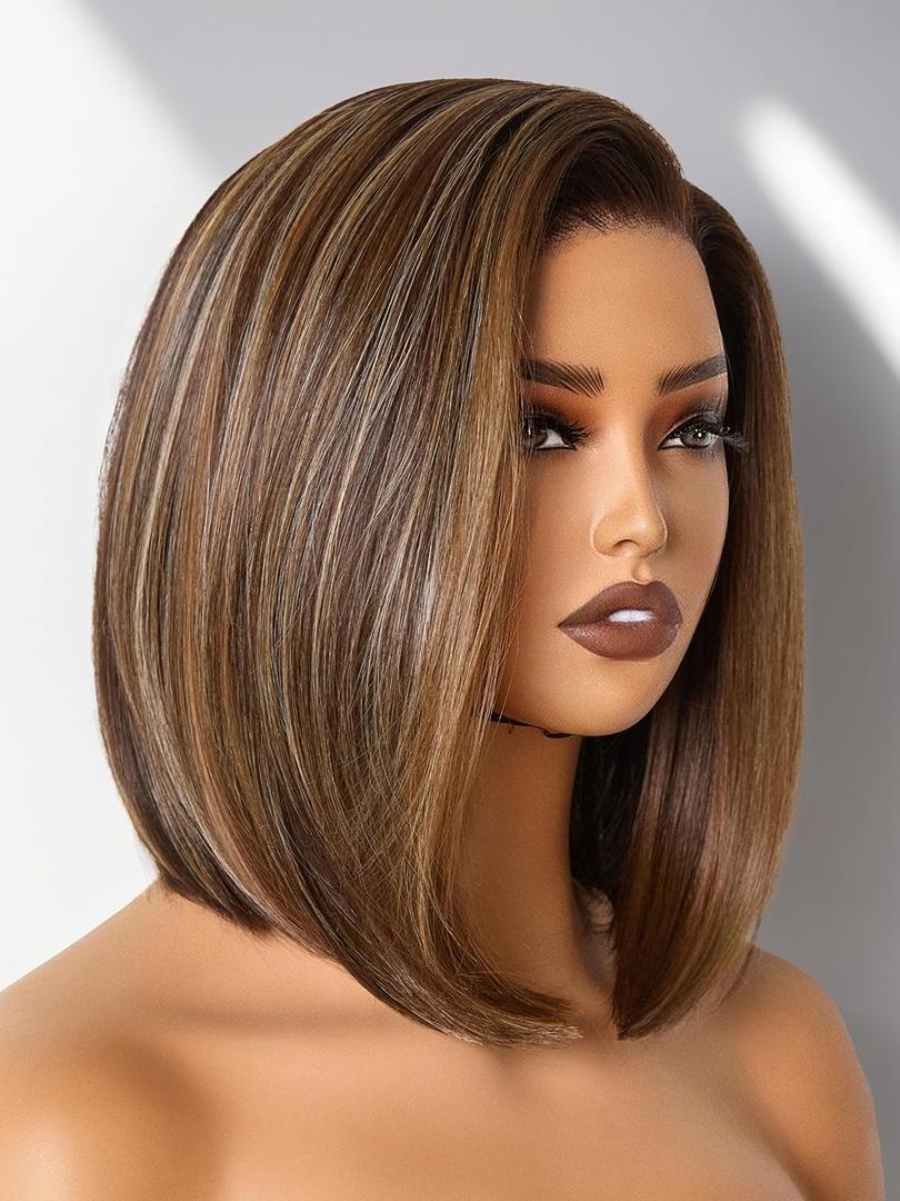GORGIUS Brown Highlight Bob Lace Front Wig Glueless Straight Short Wigs Upgrade with Human-Hair-Like Sythetic Hair Pre Cut Pre Plucked Side Part Hairline 12 Inch (#OT41)