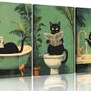 3Pcs Funny Black Cat Bathroom Canvas Wall Art Vintage Cat Wash its paws Reading Newspaper Posters Prints Modern Green bathroom Decor pictures Painting for Bathroom Toilet Artwork Decorations