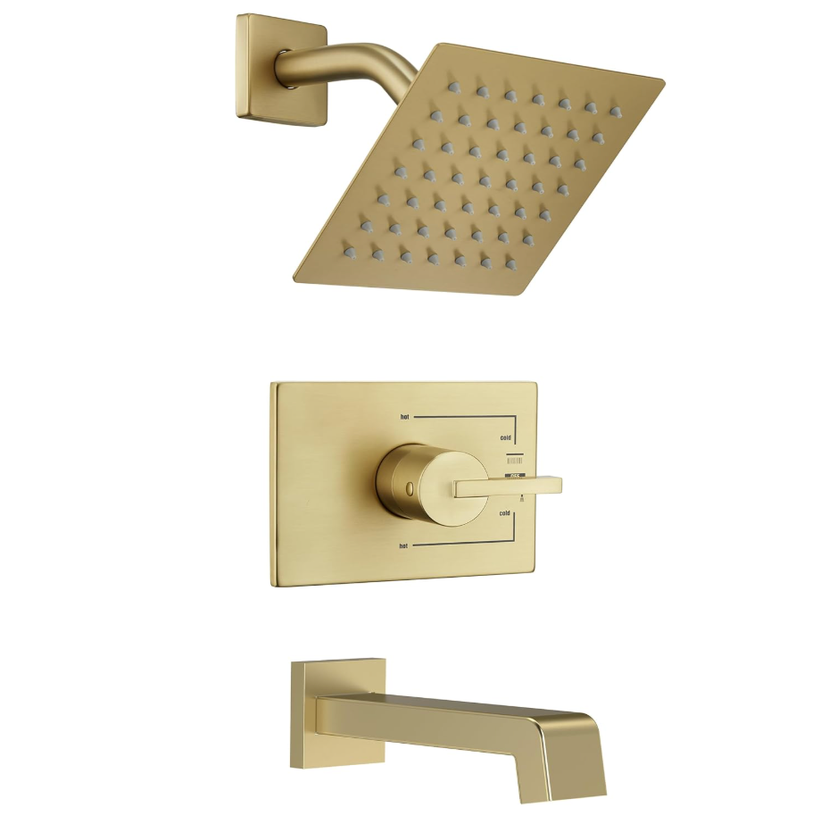 SOOOHOT Brushed Gold Shower Fixtues, Tub and Shower Faucet Set Combo with 6 Inch Gold Shower Head and Tub Spout, Gold Shower Head and Handle Set (Valve Included)