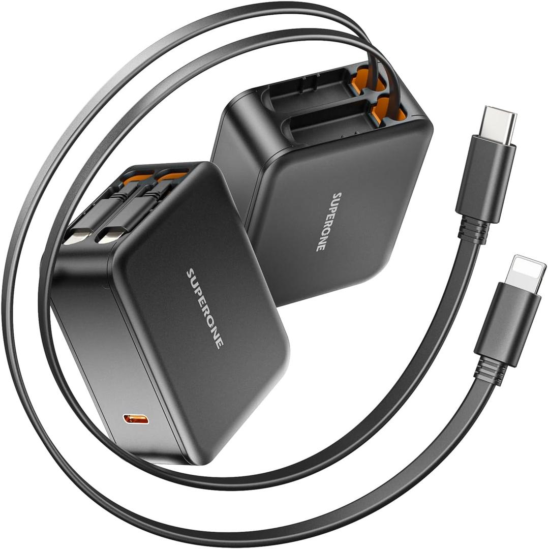SUPERONE 62W Retractable Wall Charger with Dual Cables, 3-Port USB Charger Block, 35W iPhone Chargers Fast Charging for iPhone 17/16/15/14/13/12/11 Series, Pad, Tablet, LG, Samsung and More (Type-C & Apple Cables - Black)