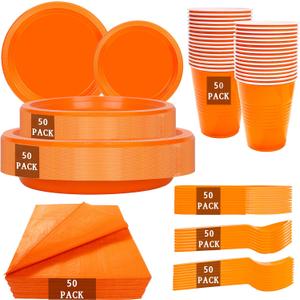 MirthMood 350PCS Orange Plastic Plates, Orange Disposable Plates Set Plastic Plates Set Includes 50 Dinner,50 Dessert Plate,50 Cup&50 Napkins, 50 Silverware for Wedding & Birthday Parties
