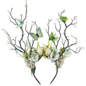 MOSTORY Green Flower Branch Headband - Handmade Tree Hairband with Butterfly Woodland Headband Floral Forest Crown for Women Renassance Renfaire Woodland Costume Cosplay Photoshoot