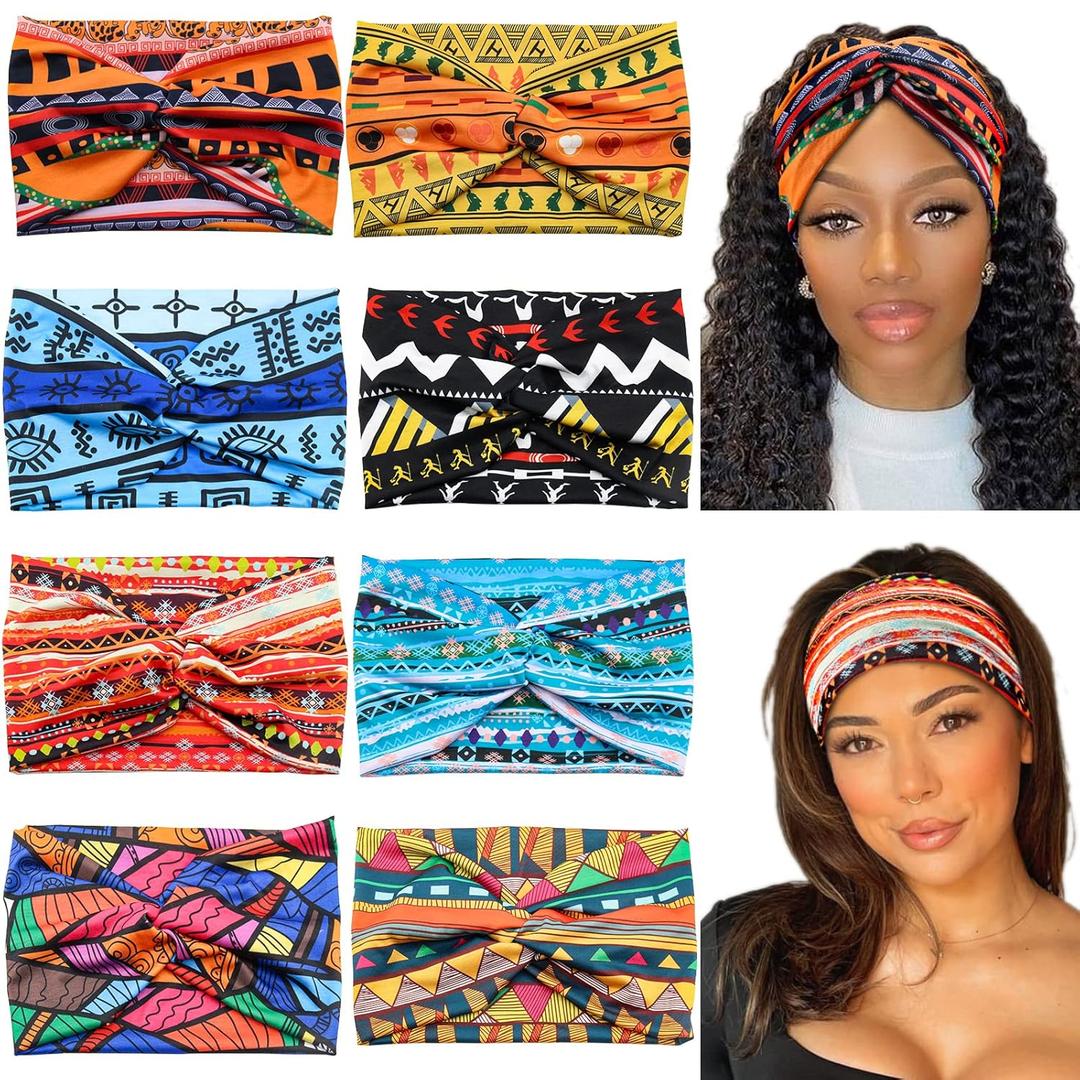 Wide African Headbands for Women Boho Twist Head Bands Elastic Turban Headwraps for Lady Yoga Sports Workout Stretchy Hairband, Pack of 6