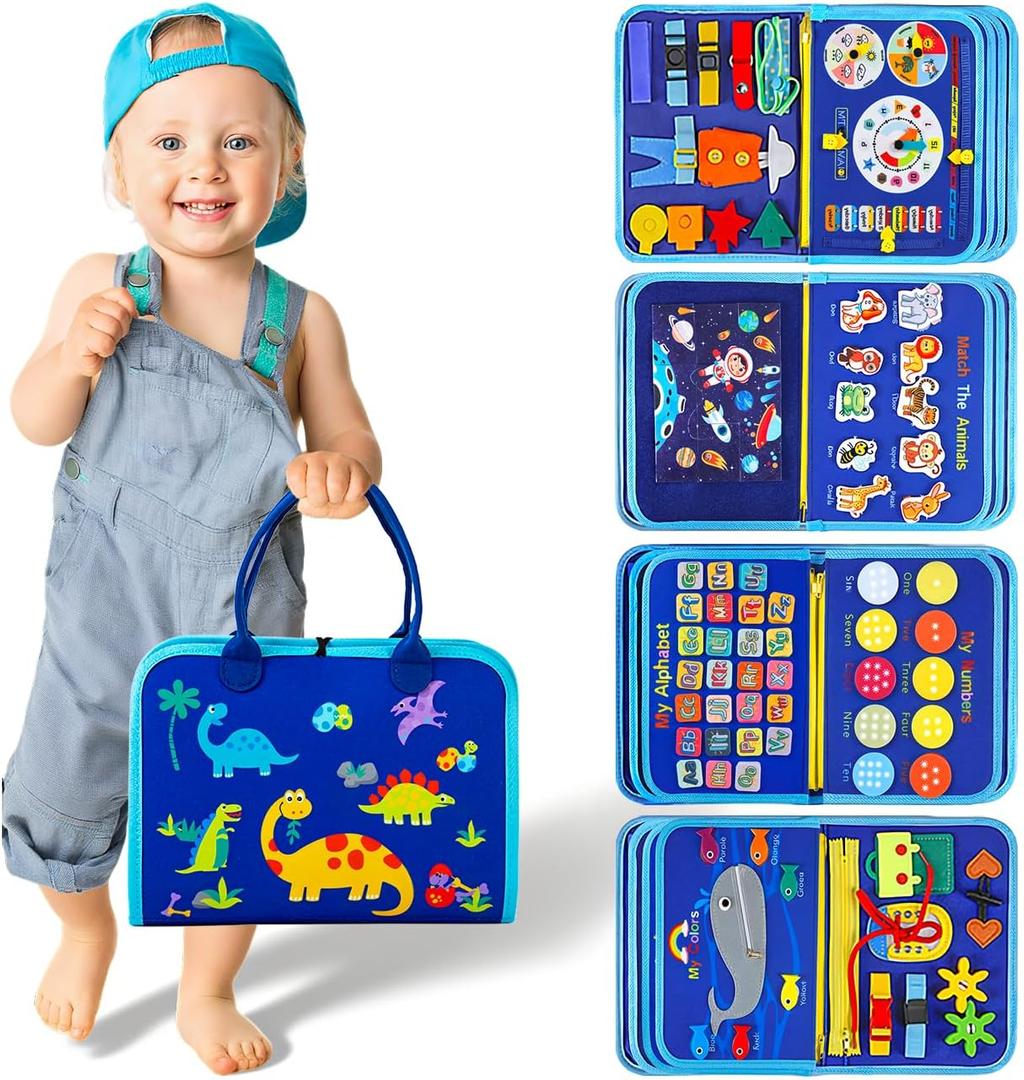 Toddler Montessori Busy Board Toys for Little Boy Gifts: Educational Preschool Learning Travel Toys, Busy Book Learning Sensory Toys for Toddler Boys, Boys Dinosaur Christmas Birthday Gifts (Blue)