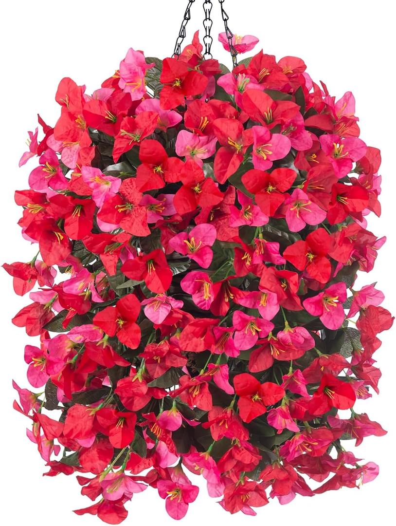Artificial Bougainvillea Faux Flowers Plants Baskets for Outdoor Outside Decoration, 3 PCS Fake Silk Flowers Long Trailing Vines UV Resistant Realistic for Front Door Porch Patio Balcony, Red/Hotpink