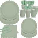 140Pcs Sage Green Paper Plates and Napkins, Sage Green Party Supplies Include Green Scalloped Plate Paper Napkin Cup Plastic Cutlery for Baby Shower, Wedding, Birthday