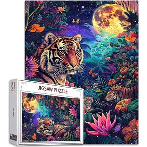 1000 Piece Jigsaw Puzzles for Adults Tiger at Full Moon Painting Jigsaw Puzzle African Animal Puzzles for Challenging Family Activity Game Forest Wildlife Art DIY Puzzle Wall Decor Gifts(Colorful) (19.7''Wx27.6'H, Artwork-07)