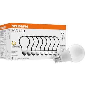SYLVANIA ECO LED Light Bulb, A19 60W Equivalent, Efficient 9W, 7 Year, 750 Lumens, 2700K, Non-Dimmable, Frosted, Soft White - 8 Count (Pack of 1) (40821)