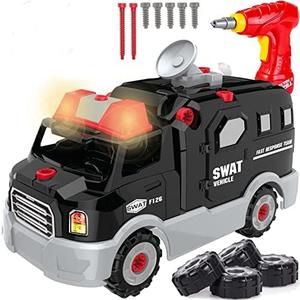 Take Apart Toy Set, Build Your Own Vehicle with Drill, Sounds & Lights, Buildable STEM Learning Construction Kit for Toddlers, Kids, Boys (SWAT Truck)