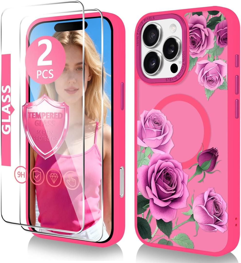 with Magnetic for iPhone 16 Pro MAX Case with Screen Protector, Anti-Fingerprint Translucent Matte Phone Cover for Girls Women-Rose/Purple