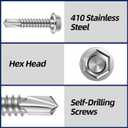 #8 x 1/2" Hex Washer Head Self Tapping Sheet Metal Screws with Drill Point, Stainless Steel 410, Self Drilling, 200 PCS