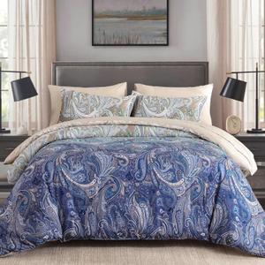 DJY Paisley Queen Comforter Set, 7 Pcs Khaki and Purple Blue Gradient Comforter Bed in a Bag, Microfiber Boho Paisley Floral Bedding Set with Sheet Set for All Season (Gradient, 90''x90)