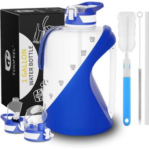 TOOFEEL 1 gallon water bottle - 128 oz water bottle with Straw & Chug Lid - BPA Free Big Water Bottle with Handle - Gym Water Bottle - Deep Blue and White