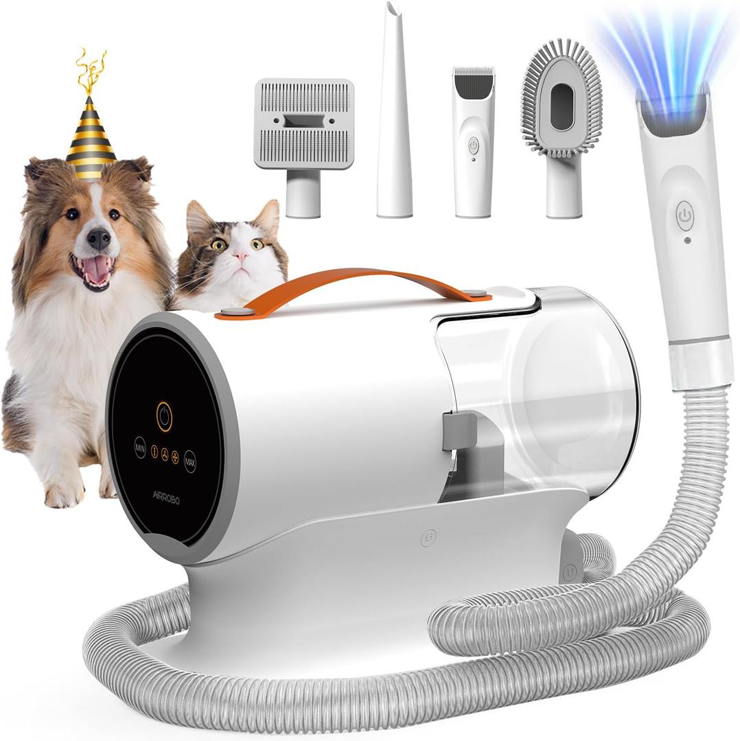 AIRROBO Dog Grooming Vacuum Kit,12000Pa Strong Pet Vacuum for Shedding,Grooming Hai,Quiet,PG100,2L Large Capacity (White-5-in-1)
