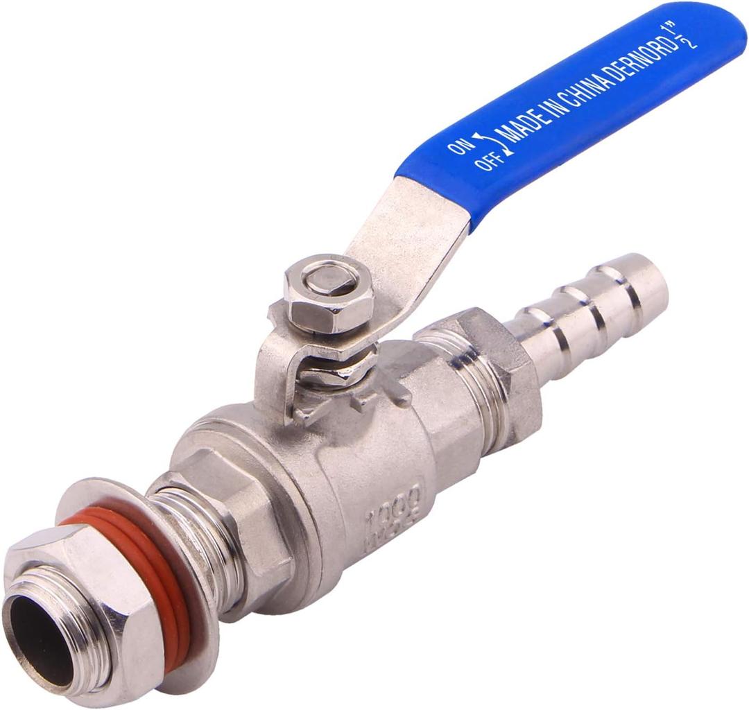 DERNORD 1/2 Inch Stainless Steel Ball Valve Weldless Bulkhead For Home Brew Kettle (1/2 NPT to 1/2 Barb Hose)