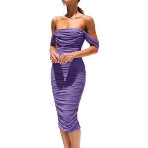PRETTYGARDEN Summer Wedding Guest Dresses for Women 2026 Off the Shoulder Ruched Bodycon Spring Midi Cocktail Party Dress (Purple, S)