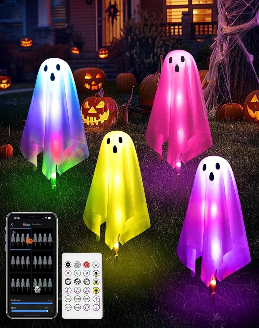 4Packs Halloween Decorations Outdoor Ghost Pathway Lights,Light Up Ghost Decor with APP Control&Remote, Color Changing, DIY Lights, Dimming, Music Synic, Halloween Pathway Light for Porch Yard Garden