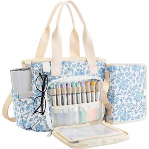 Large Bible Tote Bag with Cover Case Women Blue Floral Quilted Multi Pocket, 7.48 x 10.43 x 4.13 inches