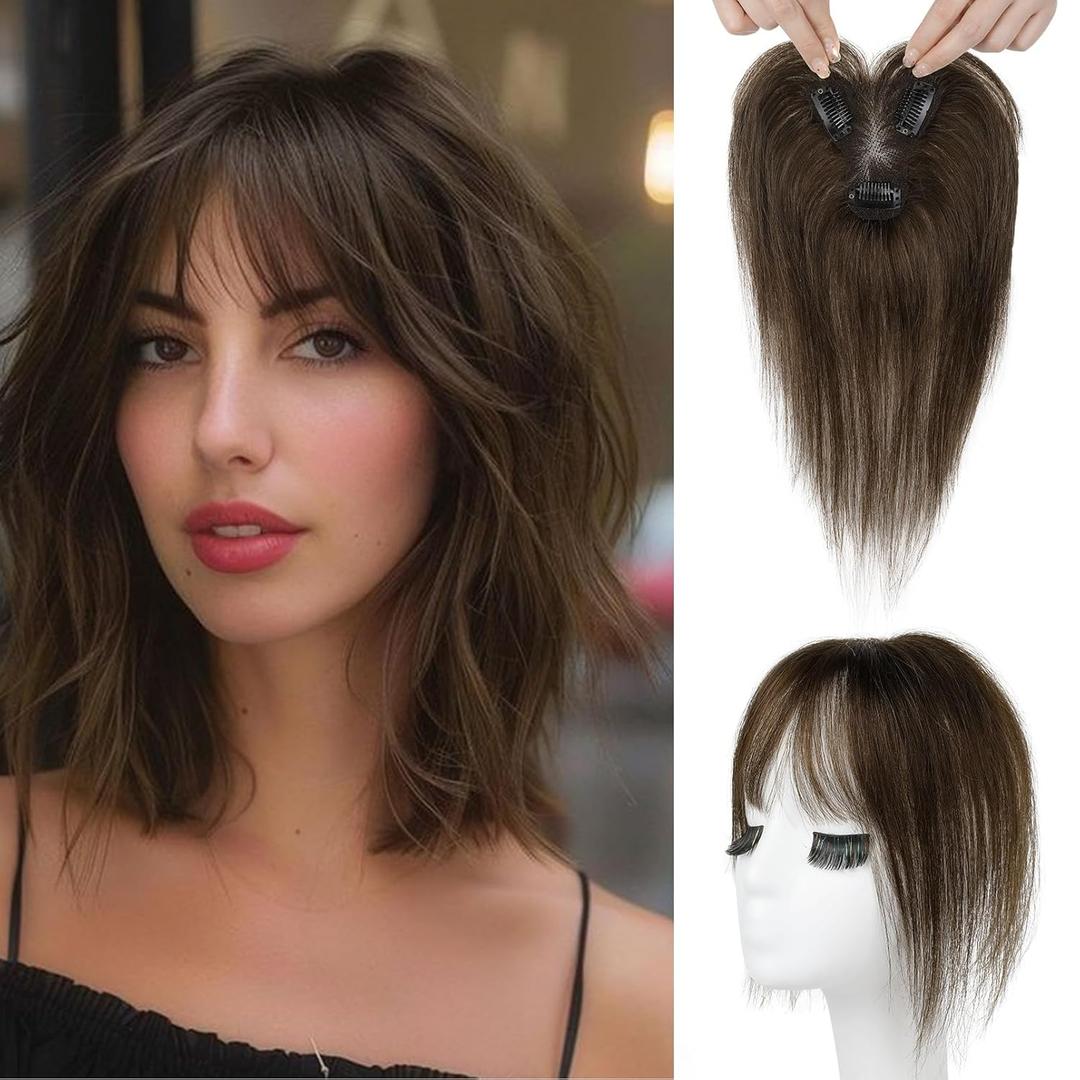 REECHO Hair Toppers for Women Real Human Hair, Seamless Human Hair Toppers with Bangs, 360 3D Cover Clip in Bangs Hair Extensions for Daily Wear, Chocolate Brown