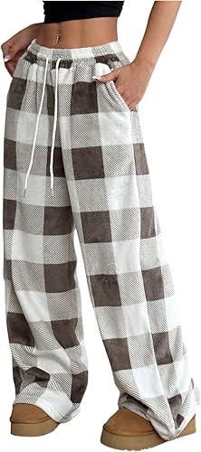 SOLY HUX Y2k Women's Elastic High Waist Plaid Loose Pants with Pocket