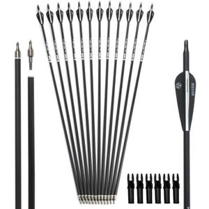 Musen 28"/30" Carbon Archery Arrows, Shaft Spine 500 with Removable Tips, GPI 13.0 Hunting and Target Practice Arrows for Both Compound Bow and Recurve Bow, 12 Pcs (Black)