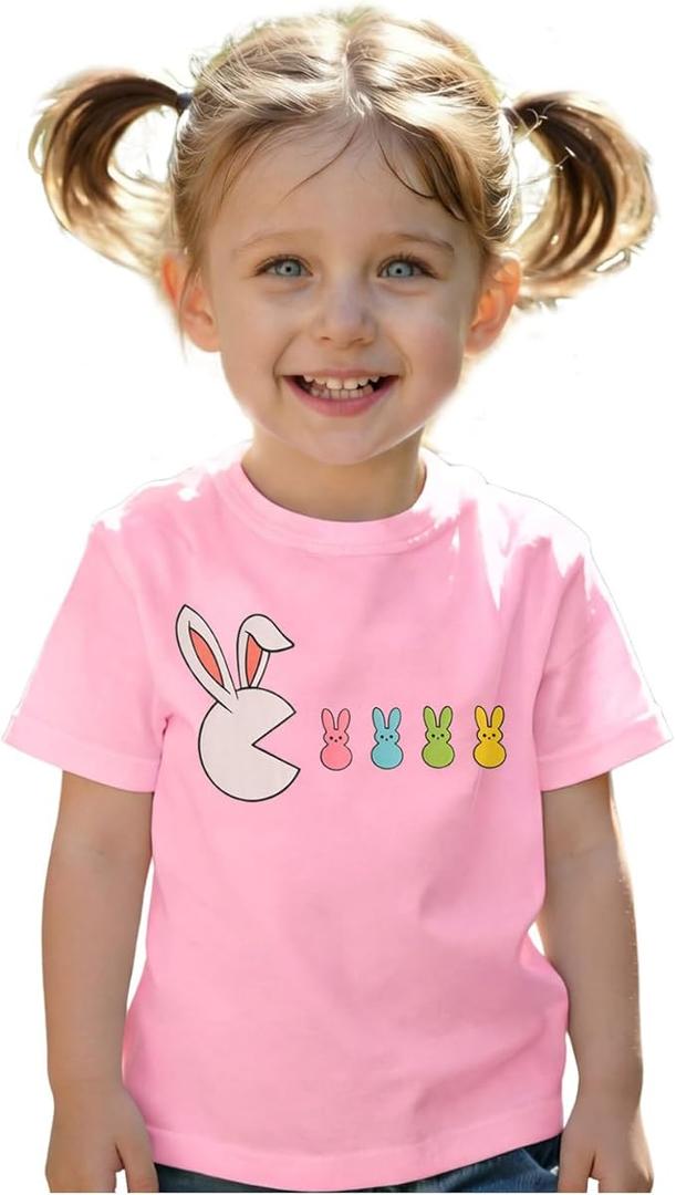 Ritatte Easter Shirt for Girls Toddlers Cute Bunny Eating Peeps Graphic Outfit Kids Funny Rabbit T-Shirt Short Sleeve Tee Top(Pink, 3-4T(100))