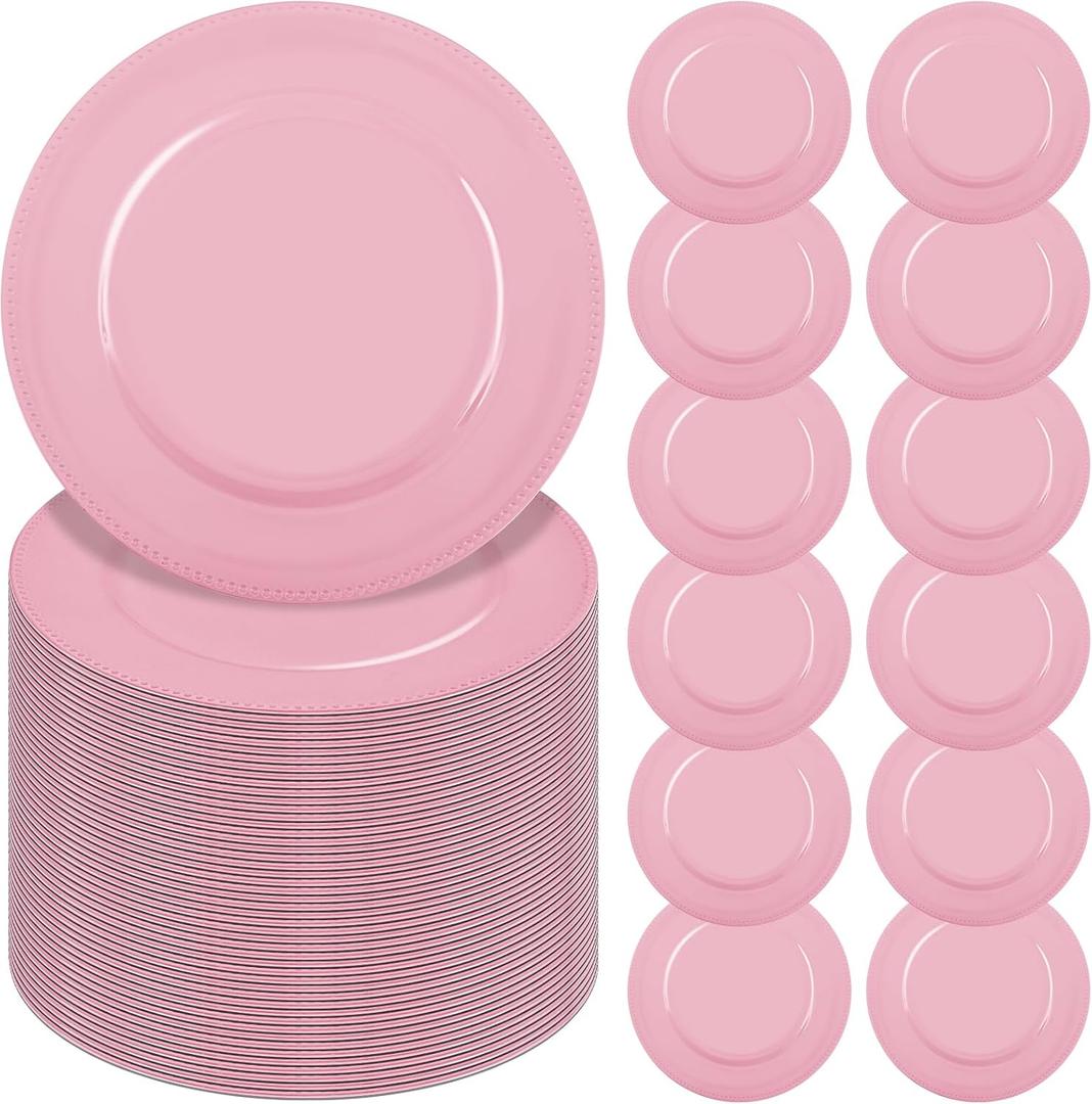 YMHPRIDE 60 Pack Pink Charger Plates, 13'' Round Beaded Plastic Plate, 60 PCS