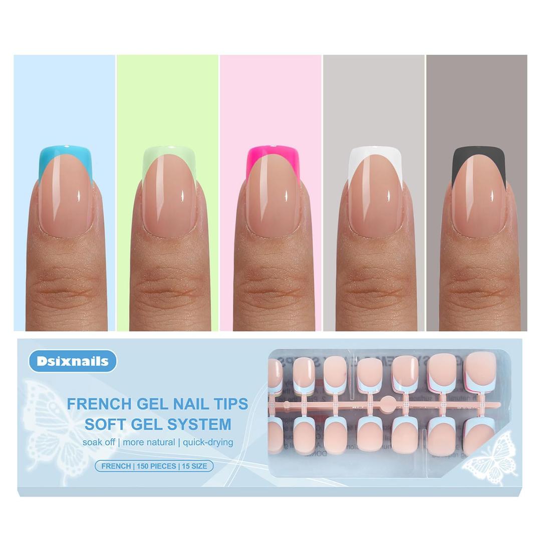 Short Square French Tip Press on Nails, Multicolor 150pcs Soft French Gel Nail Tips, No Need to File, Pre-lasting Acrylic Matte Fake Nails Extension for Women Girl Nails Art DIY 15Sizes