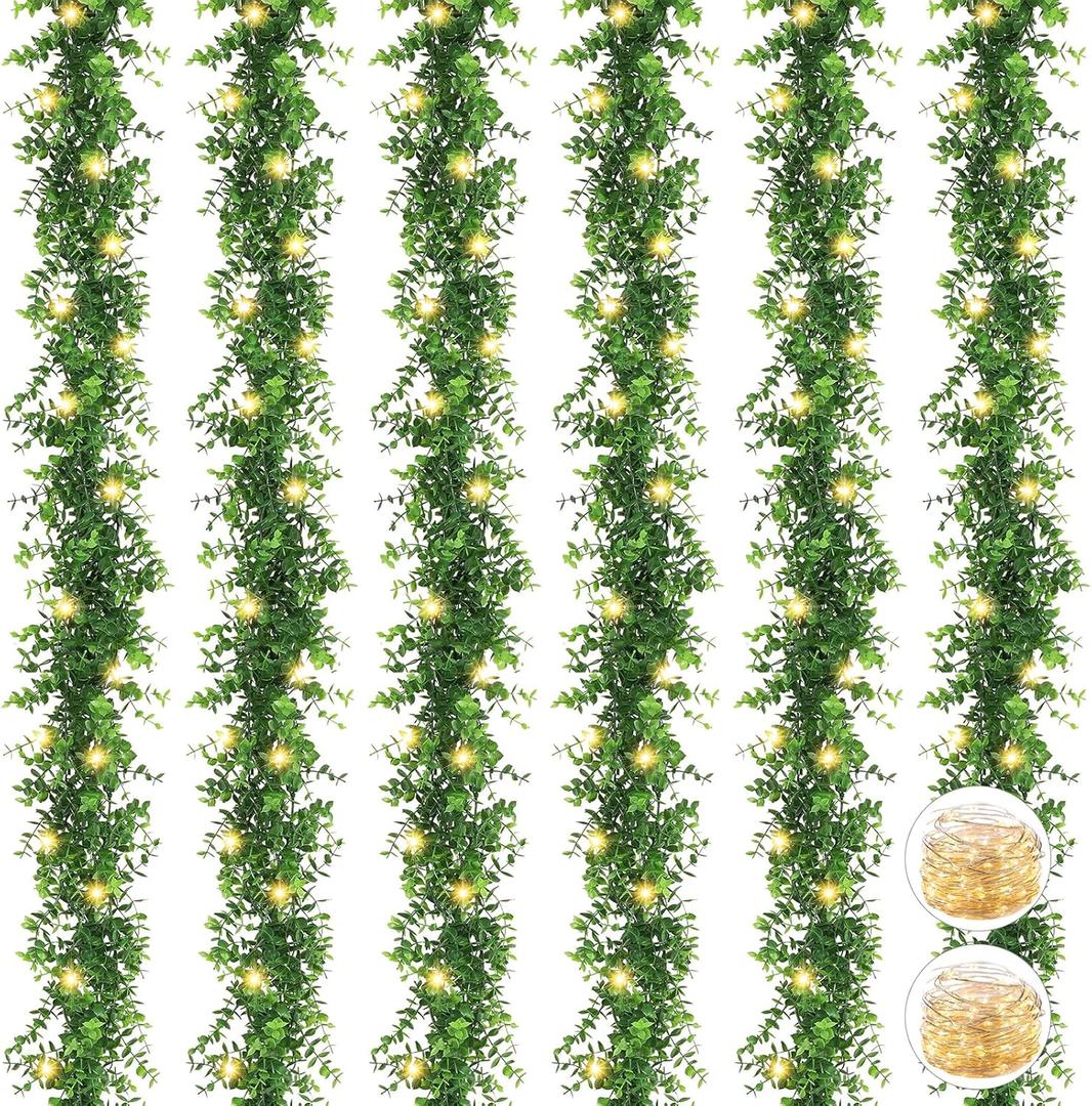 Artflower 6 Pack Artificial Eucalyptus Garland with Lights, 5.9Ft/pcs Faux Eucalyptus Vines Greenery Garland Fake Plant for Wedding Backdrop Arch Wall Decor, Grey Green