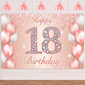 Happy 18th Birthday Rose Gold Banner Cheers to 18 Years Old Backdrop Confetti Balloons Theme Decor for Girls 18 Years Old Pink Birthday Party Decorations Bday Supplies Background Favors Gift Glitter