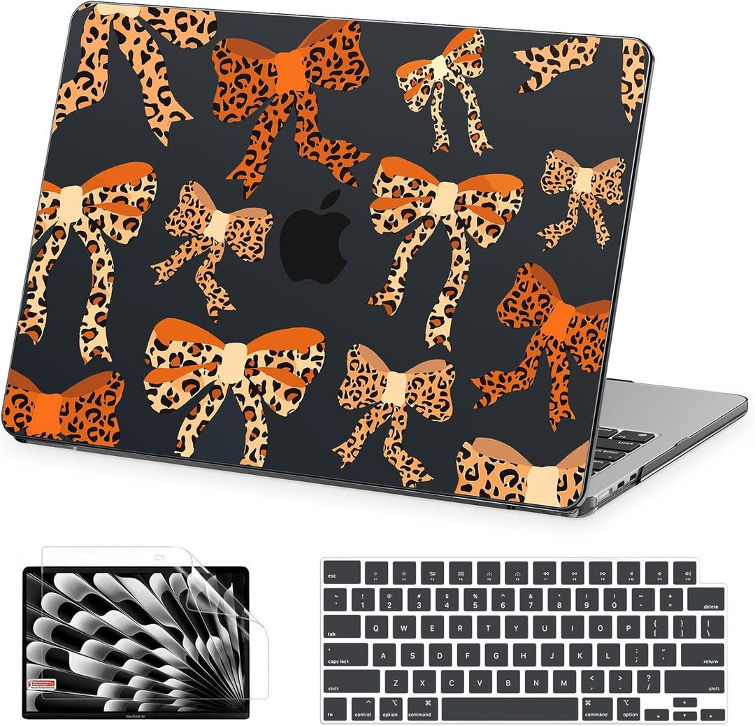 AKIT Compatible with MacBook Air 13 inch Case M5 2026 2025-2022 M4 M3 M2 A3449 A3240 A3113 A2681, Unique Hard Shell Laptop Case+Screen Protector+Keyboard Cover for MacBook Air 13.6 inch, Leopard Bow