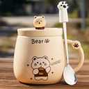 Bear/Beige 400ML Ceramic Coffee Mug with Lid and Claw Spoon, Cute Bear-Themed Mug for Tea & Coffee for Holidays and Celebrations
