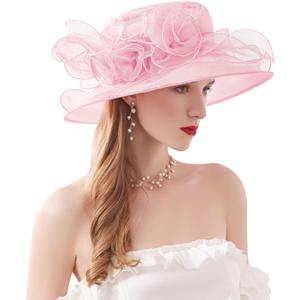 Z&X Organza Church Derby Hat Flower Wide Brim Fascinator Sun Hats for Women Wedding Cocktail Tea Party Fancy Hat