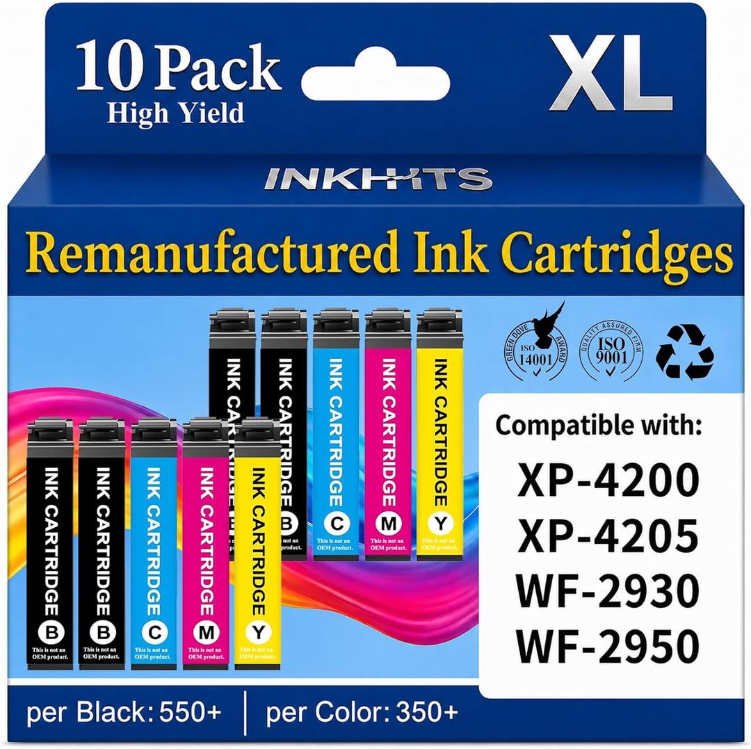Remanufactured Ink Cartridges Replacement for Epson 232XL Ink Cartridges Combo Pack Latest Upgrade (10-Pack) for 232 XL Ink Work with XP-4200 XP-4205 WF-2930 WF-2950 Printer, (4BK/2C/2M/2Y)