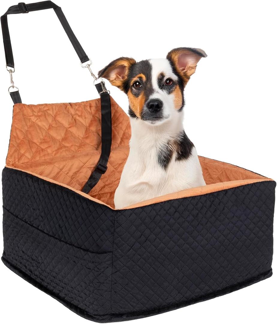 Dog Car Seat for Small/Medium Dogs, Memory Foam Dog Booster Seat, Travel Safety Per Car Seat with Washable Removable Cover, Storage Pockets for Dogs up to 35 lbs(BlackBrown)