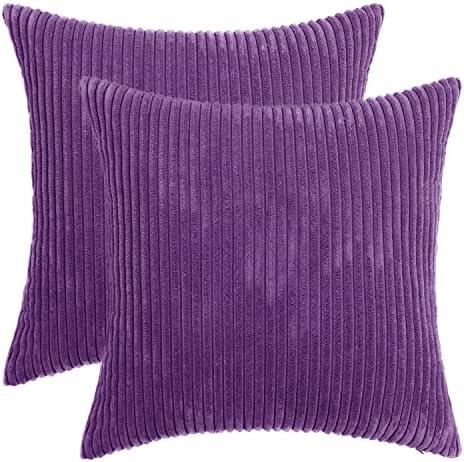 HWY 50 Purple Corduroy Throw Pillow Covers 16x16 Inch, Set of 2, Soft Cozy Decorative Cushion Cases for Couch Sofa Bed Living Room, Boho Striped Home Decor