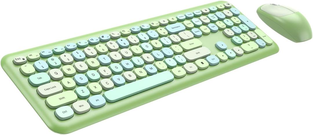 Wireless Keyboard and Mouse Combo, 2.4GHz Full-Sized Colorful Cute Keyboard Mouse Set with Retro Typewriter Flexible Round Keys for Windows, Computer, Laptops, PC Green Colorful