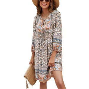Bluetime Women Casual Summer Dress Boho V Neck 3/4 Sleeve Babydoll Floral Print Flowy Beach Dress, Size XL
