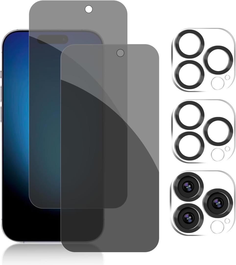 Pehael [2+2 Pack] iPhone 15 Pro Privacy Screen Protector with Camera Lens Protector Full Coverage Anti-Spy Tempered Glass Film 9H Hardness Upgrade Edge Protection Easy Installation Bubble Free