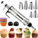 FANTEXY Dessert Decorating Syringe Set, Icing Piping Kit Stainless Steels Cake Decorating Tools 6 Piping Icing Nozzles Cupcake Decorating Kit (Silver)