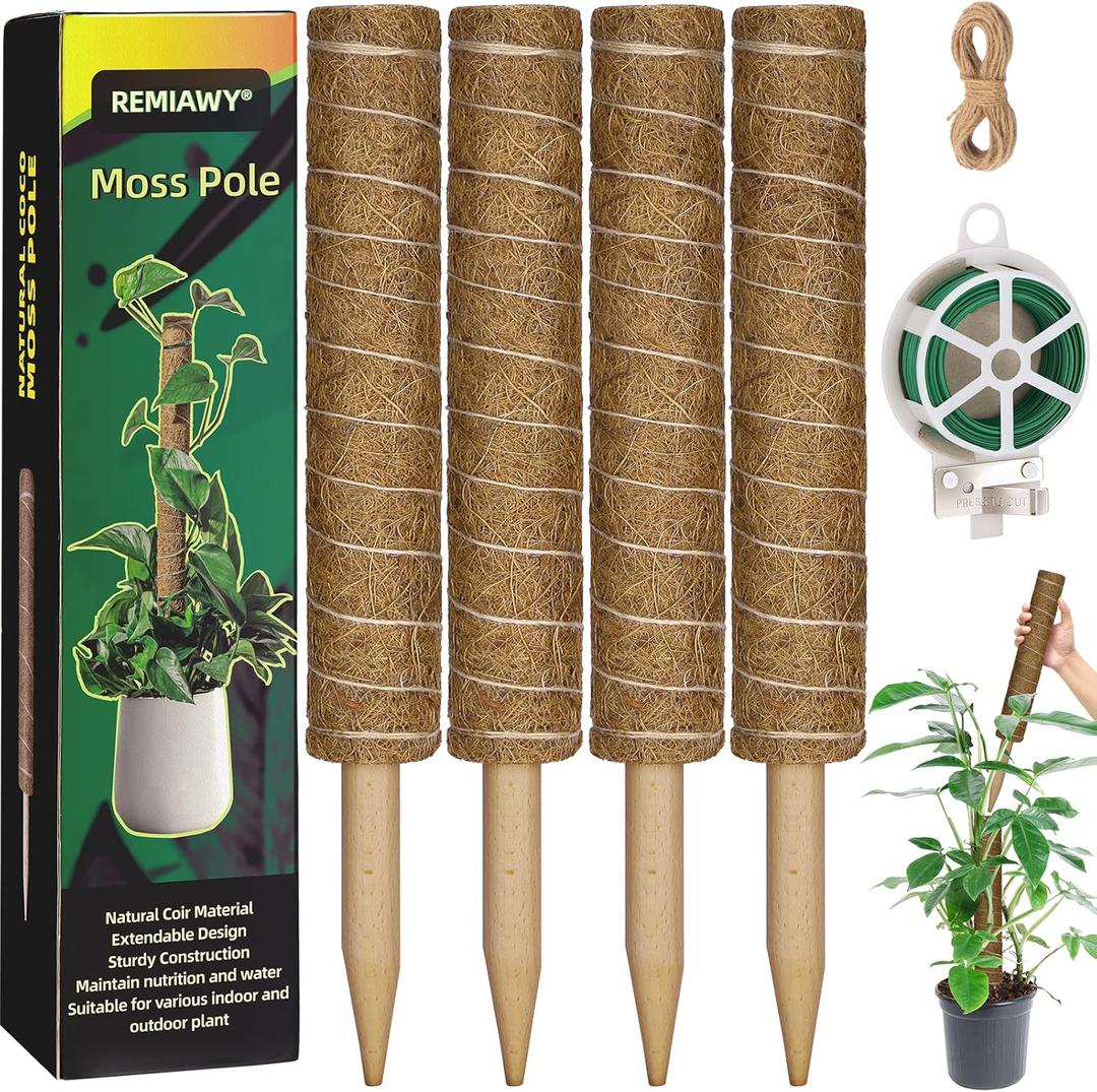 Moss Pole 56 Inch, 4 Pcs Moss Pole Monstera Plant Support, 17.7 Inch Coir Totem Pole Moss Stick for Climbing Plants Indoor Monstera Extension, Train Potted Creepers to Grow Upwards, 65 Feet Twist Tie