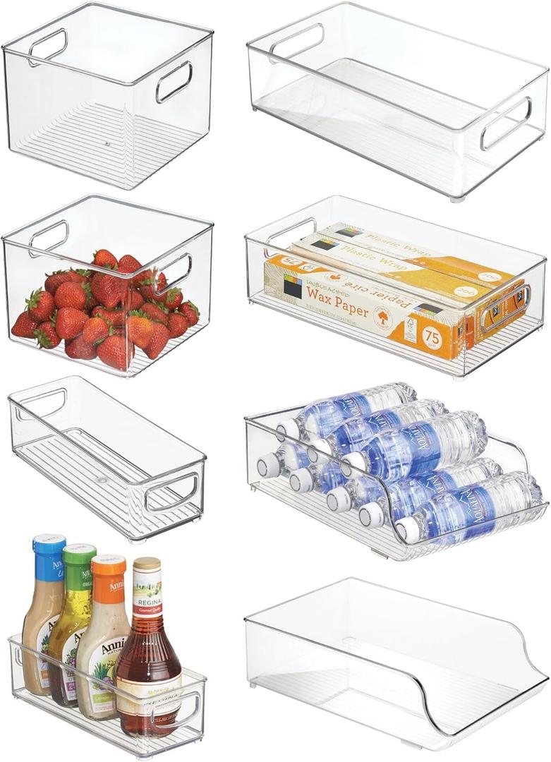 iDesign 8-Piece Fridge or Pantry Storage Bins with Plastic Water Bottle Organizer for Kitchen, Clear