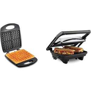 Hamilton Beach Non-Stick Belgian Waffle Maker with Indicator Lights, Makes 4 4" x 5" Mini Waffles & Electric Panini Press Grill with Locking Lid, Opens 180 Degrees