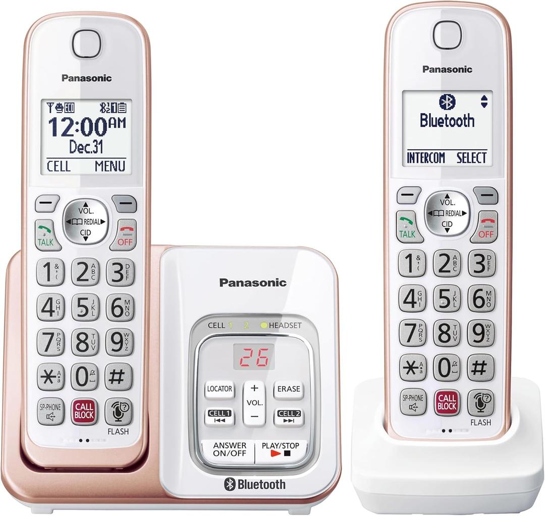 Panasonic Cordless Phone with Link2Cell Bluetooth, Voice Assistant, Answering Machine and Call Blocking, Expandable System with 2 Cordless Handsets - KX-TGD862G (Rose Gold)