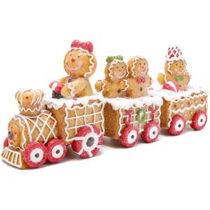Hodao 9.25 Length Christmas Gingerbread Man Train Decorations Xmas Train Figurines Winter Decor Handmade Polyresin Gingerbread Man Figurine for Xmas Decor Gift - Christmas Party Home Decor (Brown-1)