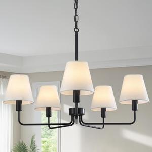 Black Chandeliers for Dining Room 30 Bedroom Light Fixture with White Fabric Shade 5-Light Modern Farmhouse Chandelier Adjustable Pendant Lighting Fixtures for Kitchen Island,Living Room,Entryway
