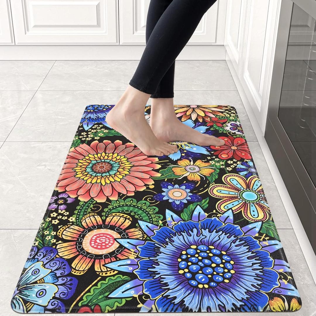 Likiyol Kitchen Rugs Boho Floral Anti Fatigue Kitchen Mat for Floor Bohemian Flowers Non Slip Washable Kitchen Floor Mats, Comfort Standing Mat for Sink, Office, Laundry, 18''x30'', 0.47" Th, Blue