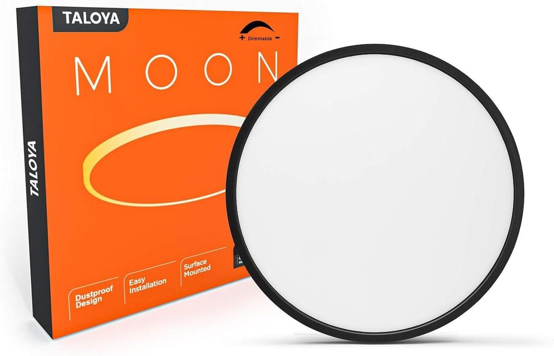 TALOYA 18.2 Inch LED Ceiling Light Flush Mount, 3000K/ 4000K/ 6500K Selectable with Back Light, 36W Black Dimmable LED Flush Mount Ceiling Light for Hotel, Bedroom, Living Room, Office, Memory Function