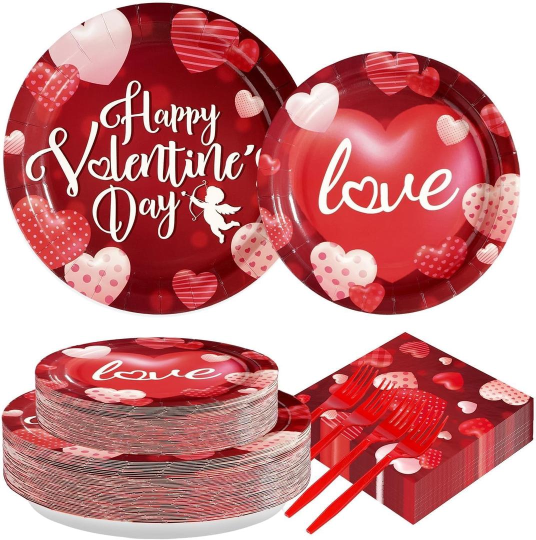 200 Pcs Happy Valentine's Day Party Supplies Romantic Hearts Love Cupid Party Plates and Napkins Disposable Sweet Red Pink Hearts Tableware Set for Valentines Day Anniversary Decorations Serves 50